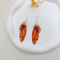 Orange butterfly wing earrings in S925 silver with crystals and gold-plated floral accents - Lux Orange Rhinestone-Rose Gold