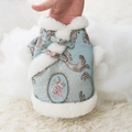 Light blue pet Tang suit with traditional floral embroidery and white faux fur collar - XS / Rose Begonia