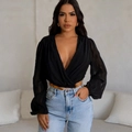 Chic women black V-neck wrap blouse with long lantern sleeves and adjustable waist belt - S / Black