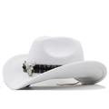 Weiß her Cowboyhut aus Wollfilz mit Ethno-Band und silbernem Stierkopf-Ornament - M(56-58cm) / Weiß
