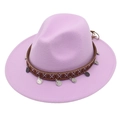 Detail of purple wide brim felt hat with ethnic brown band and silver coin pendants - Taro Purple