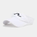 Close-up of wavy black embroidery on white twill fabric sun visor with detailed stitching - White