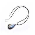 Waterdrop Labradorite pendant necklace with blue iridescent glow and black cord strap - Labradorite Teardrop with Black Leather Cord