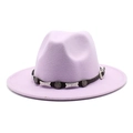 Detail of lavender fedora hat showing textured wool and western metallic star belt decoration - Taro Purple
