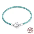 Himmelblaues geflochtenes Lederarmband aus 925er Sterlingsilber mit Kleeblatt-Verschluss - 17cm / Blau