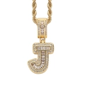 Detail view of iced-out letter J pendant with square zircons and golden rope chain - Letter J Gold + 60cm Rope Chain