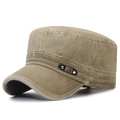 Distressed washed cotton flat top army cap in olive green with side rivet strap detail - Adjustable / Beige