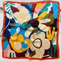 Foulard quadrato in seta con motivi floreali astratti in arancione, blu e giallo - 70cm / Bordo Rosso Arancio Floreale