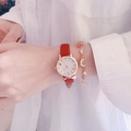 Chic women quartz watch with red leather strap and gold moon star bracelet set - Red + Bracelet + Box