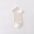 Off-white cotton low cut socks with thin brown stripes and cute cartoon bear pattern - One Size / Beige Striped
