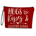 Red canvas cosmetic bag featuring white Hugs and Kisses Valentine typography - Red Hugs Design