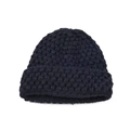 Detail showing the thick navy blue knit texture and crochet pineapple pattern on the beanie - Black