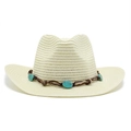 Chapeau de paille de cowboy occidental avec bandeau bohème perlé et décoration coquille - M (56-58cm) / Blanc Cassé