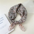 Floral cotton linen square scarf in pink and green colors tied in a decorative knot - 58*58cm / 20 Stripe Base-Butterfly Leaf Orange Frame