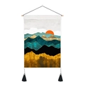 Detail view of the abstract mountain tapestry with wooden hanging rod and black tassels - 35x50cm / Style 4