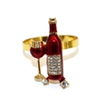 Golden napkin ring with red enamel wine bottle and glass design with clear crystals - Style 21-Enamel Wine Bottle and Glass with Rhinestones