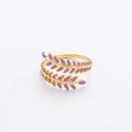 Adjustable 18K gold plated leaf ring with purple enamel detailing in a stacked design - Gold with Purple Leaf