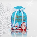 Close-up of blue Christmas drawstring gift bag with Santa Claus and penguin prints - Sky Blue / 24x32cm