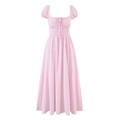 Pink and white striped midi dress with puff sleeves, square neck, and elastic smocked waist - S / Pink