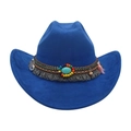 Cappello da cowboy blu reale con fascia etnica in rilievo, turchese e frange grigie - Taglia unica / Blu Zaffiro