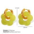 Yellow resin flower drop earrings with golden stainless steel hoops for women - Transparent Yellow