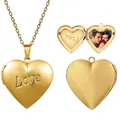 Golden 316L stainless steel heart locket necklace with Love engraving and photo slot - Custom 1 Photo (With Necklace) / Gold