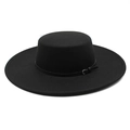 Detail view of the black wool felt boater hat with a slim leather band and silver buckle - M (56-58cm) / Black