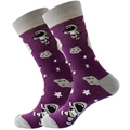 Detail of purple crew socks featuring astronaut, rocket, and planet patterns with grey trim - Size 39-45 / Purple Astronaut