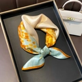 Elegant sunflower-patterned mulberry silk square neck scarf in vibrant orange and blue - 17221 - Main Image / 53*53cm