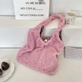 Cabas en peluche léopard rose avec doublure à carreaux et fausse fourrure douce - Rose Clair