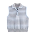 Short striped knit vest for women with polo collar and buttons in grey and blue stripes - S / Grey/Light Blue Stripes