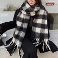 Thick black and white checkered long scarf with tassels in soft wool blend fabric - Black & White Check