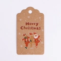 Close-up of Merry Christmas kraft paper gift tags with festive reindeer and Santa prints - Three Santas (Kraft Paper)