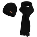 Women's black winter knitted beanie hat and long tassel scarf set with leather patch - Black (2-Piece Set)