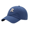 Classic deep blue cotton baseball cap featuring a white towel-embroidered R letter patch - Adult Adjustable / Light Blue