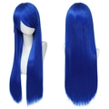 Front and back view of 80cm long straight blue cosplay wig with bangs on a mannequin - Sapphire Blue