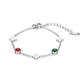 Close-up of stainless steel bracelet with red and green clover motifs and gems - Steel Four-Leaf Clover Gemstone Bracelet