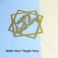 Golden glitter Happy Birthday cake topper with geometric square frame and white stick - Square HB Gold