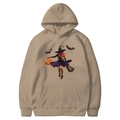 Khaki Halloween hoodie for adults featuring witch and pumpkin prints on a flat lay view - Camel