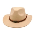 Classic beige western cowboy felt hat with brown leather band and metallic sun emblem - One Size / Beige