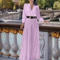 Elegant purple V-neck long sleeve top and matching sequin maxi skirt suit for women - Pink with Belt