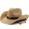 Classic straw cowboy hat with wide brim, leather band, and metal bull head ornament - M(56-58cm) / Khaki