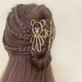Golden teddy bear hair claw clip with clear rhinestones for stylish hair bun styling - Gold Bear Rhinestone Style