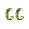 Detail view of gold vintage earrings with tiered green oval zircon stones in a C-shape - Green