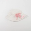 White kids bucket hat with pink bow accents and Fierce Cat label for summer sun protection - CM8003 Tie Bow Series / Off White