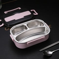 Pink 3-compartment SUS304 stainless steel bento box with pink base and metal cutlery - Pink 3-Compartment 1L (With Cutlery + Color Box)