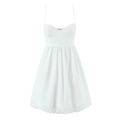 Elegant white lace strap dress with pink floral accents and bow details in a flat lay view - S / White