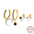 Golden S925 sterling silver earring set with black round gemstones and 925 hallmarks - Black Zirconia Style (4889455581240) / 925 Silver