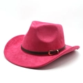Detail of rose red faux suede cowboy hat featuring a brown leather band and gold buckle - M (56-58cm) / Rose Red