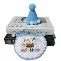 Blue felt hat and white plush bib with Happy Birthday embroidery for small pets - Blue Hat Bear Embroidery Bib Set